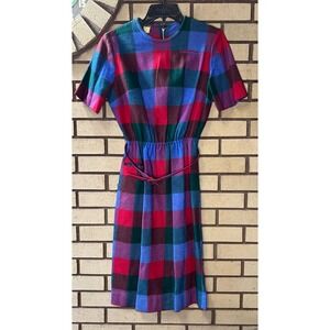Vintage 60s 70s Plaid Flannel Belted Shirt Dress Midi Short Sleeve Size JR 13